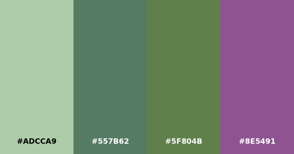 Color palette #ADCCA9 #557B62 #5F804B #8E5491
