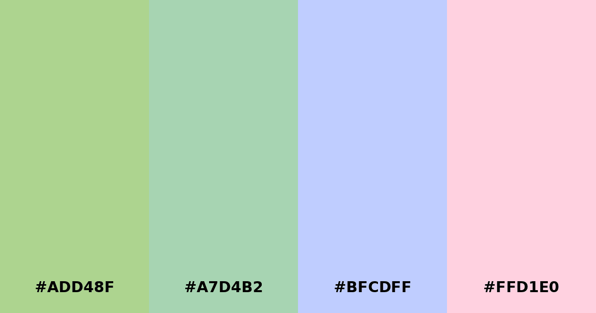 Color palette #ADD48F #A7D4B2 #BFCDFF #FFD1E0