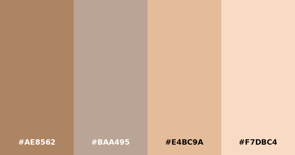 Color palette #AE8562 #BAA495 #E4BC9A #F7DBC4
