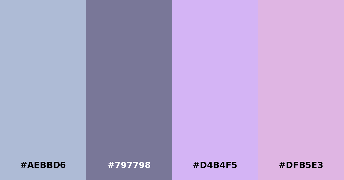 Color palette #AEBBD6 #797798 #D4B4F5 #DFB5E3