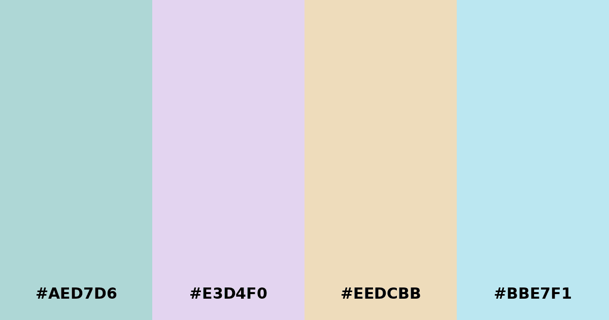 Color palette #AED7D6 #E3D4F0 #EEDCBB #BBE7F1