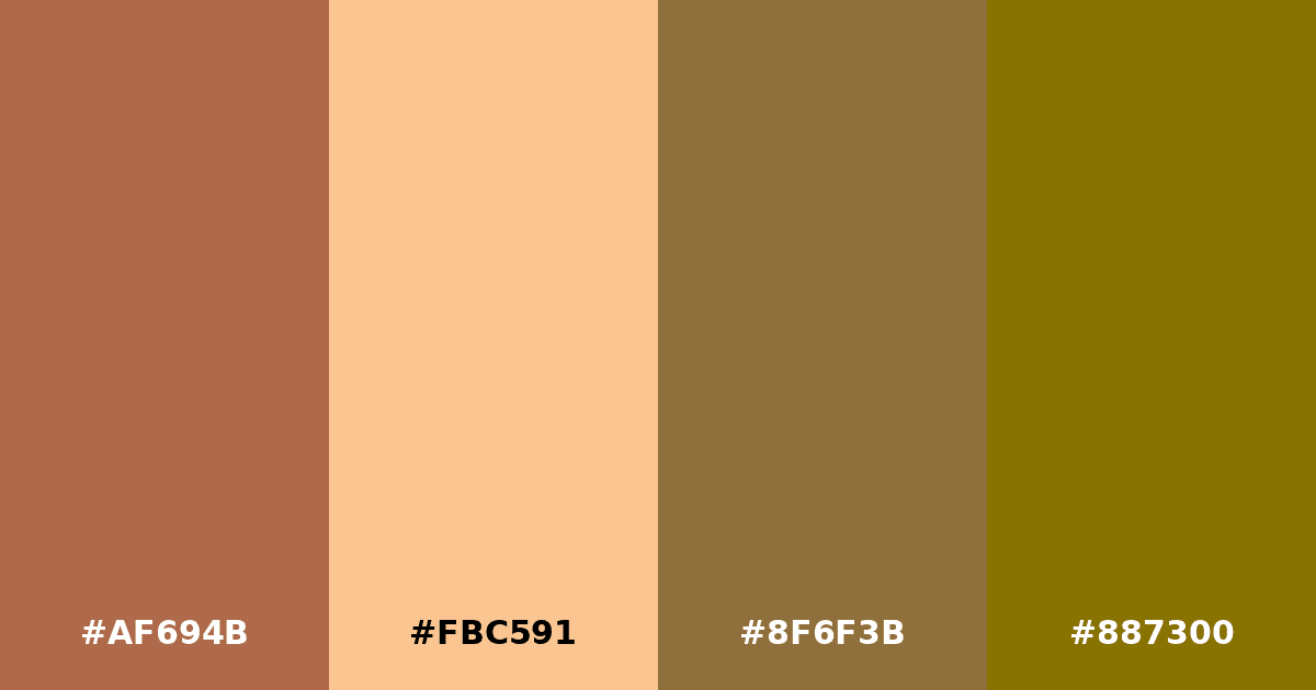 Color palette #AF694B #FBC591 #8F6F3B #887300