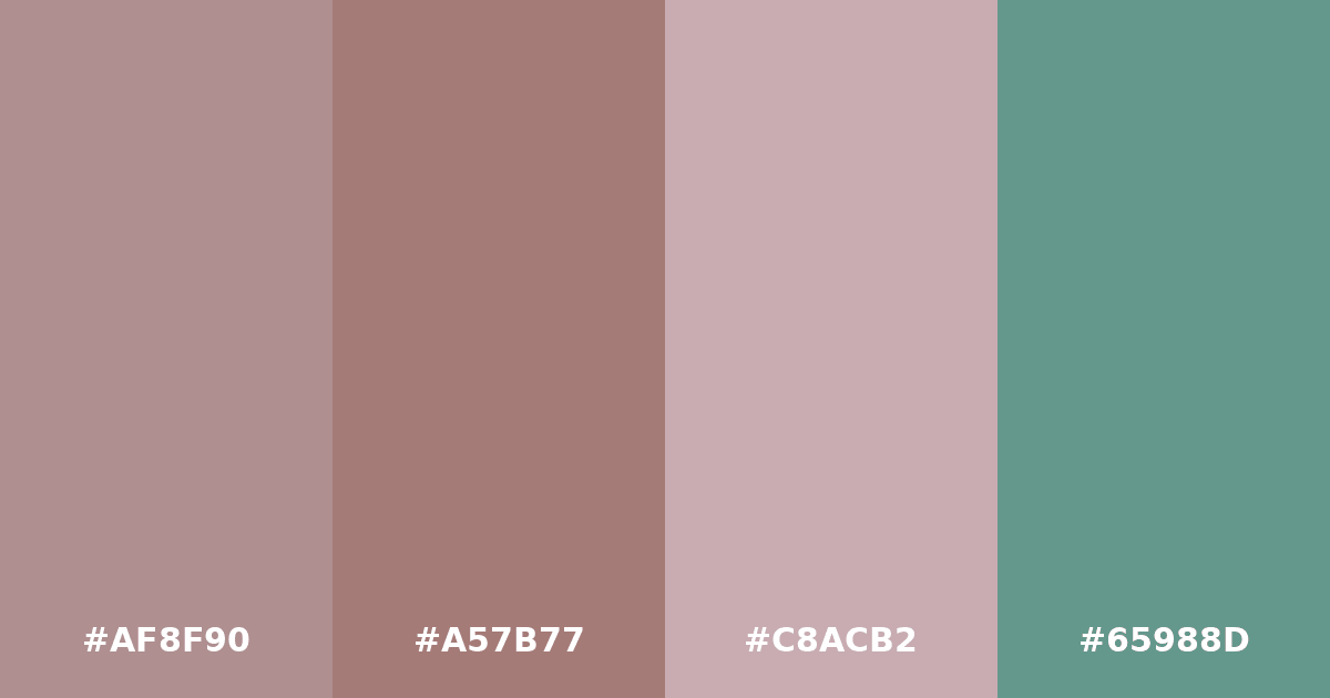 Color palette #AF8F90 #A57B77 #C8ACB2 #65988D