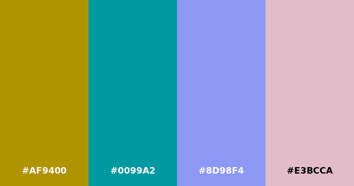 Color palette #AF9400 #0099A2 #8D98F4 #E3BCCA