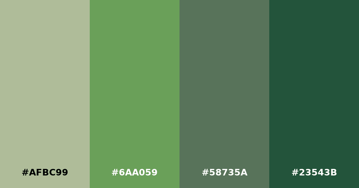 Color palette #AFBC99 #6AA059 #58735A #23543B