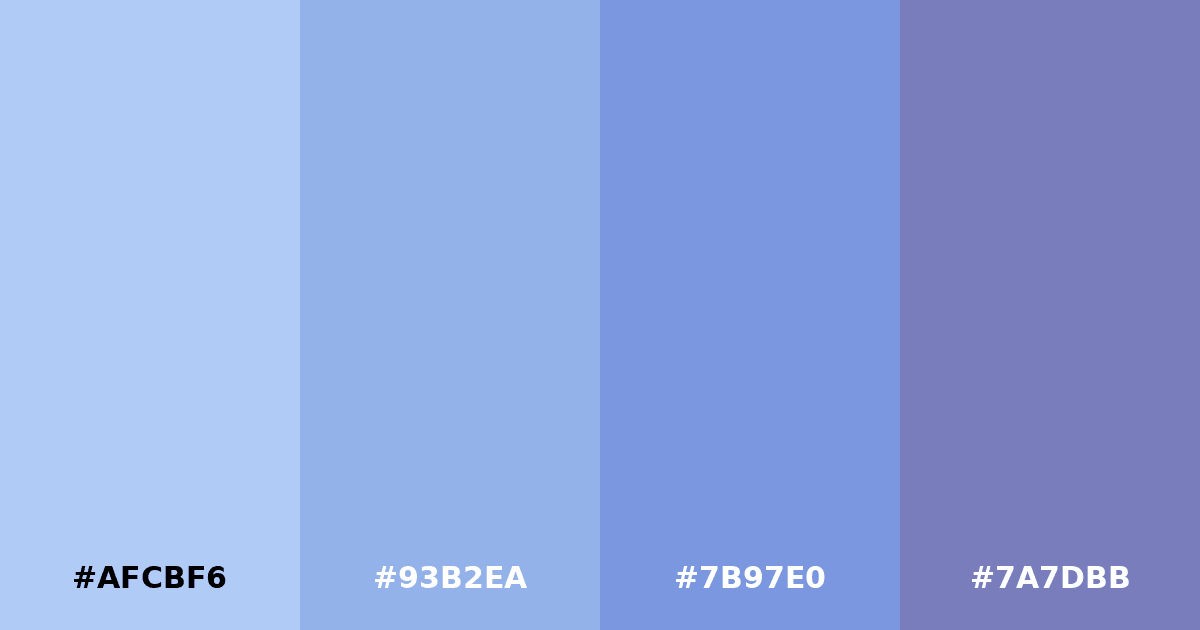 Color palette #AFCBF6 #93B2EA #7B97E0 #7A7DBB