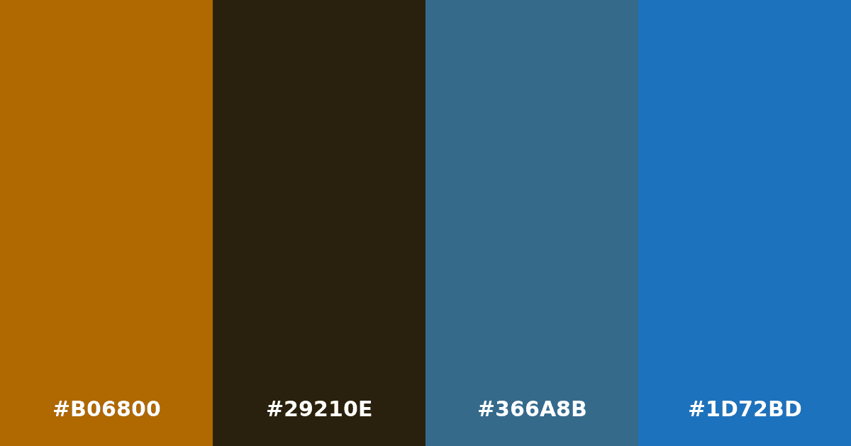 Color palette #B06800 #29210E #366A8B #1D72BD