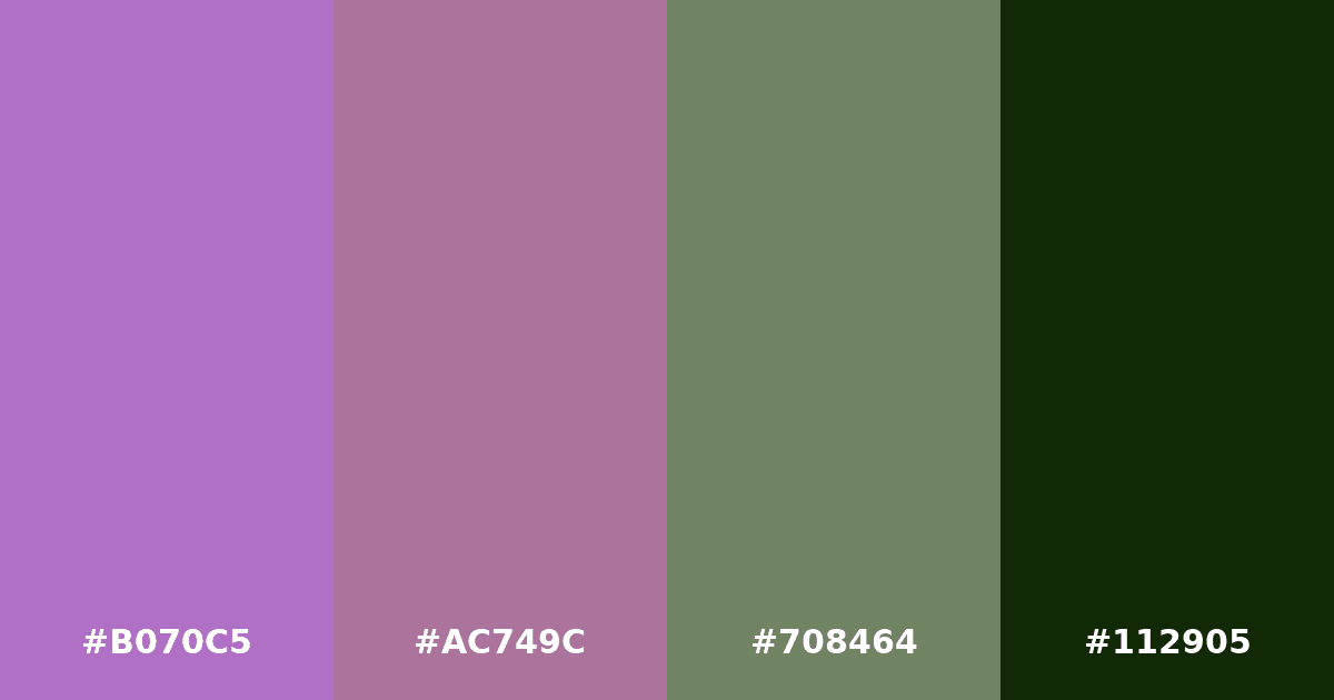 Color palette #B070C5 #AC749C #708464 #112905