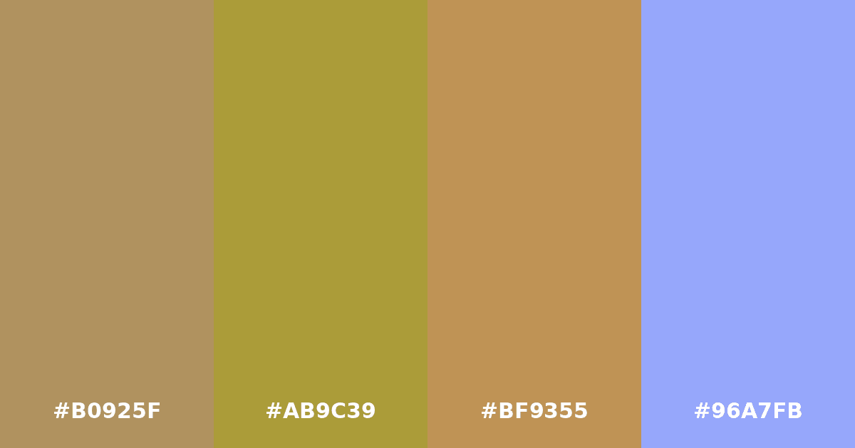 Color palette #B0925F #AB9C39 #BF9355 #96A7FB