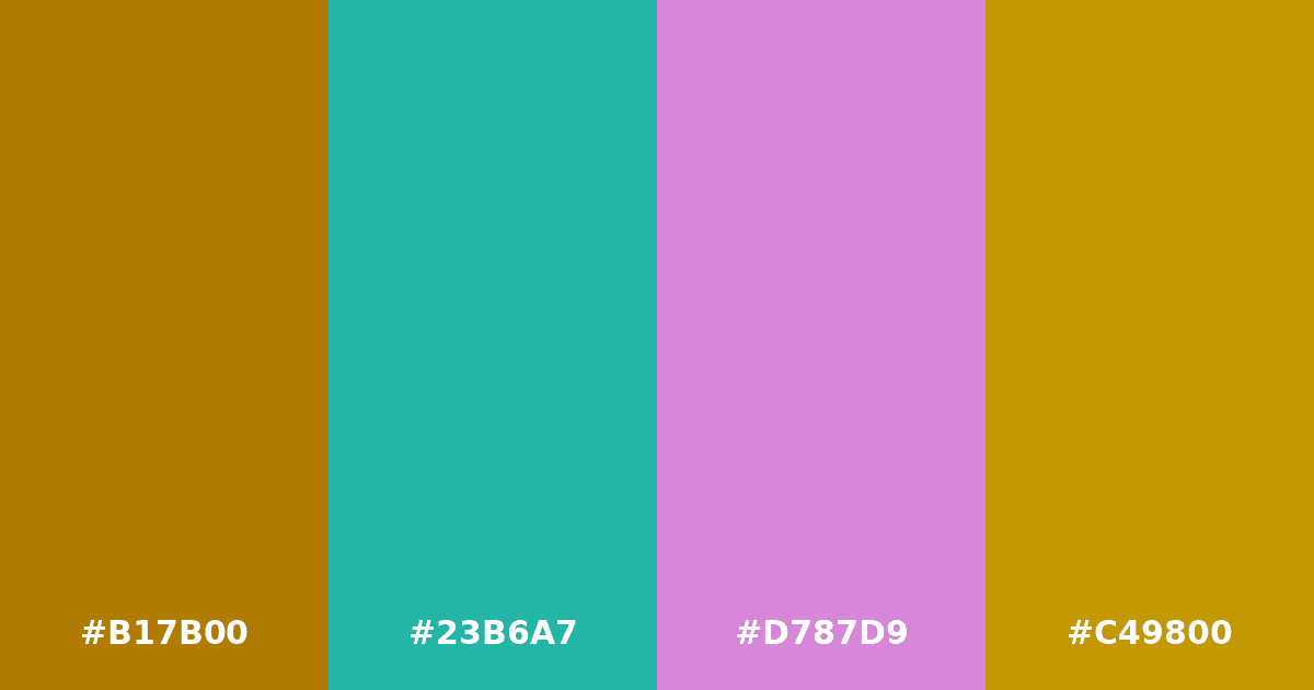 Color palette #B17B00 #23B6A7 #D787D9 #C49800