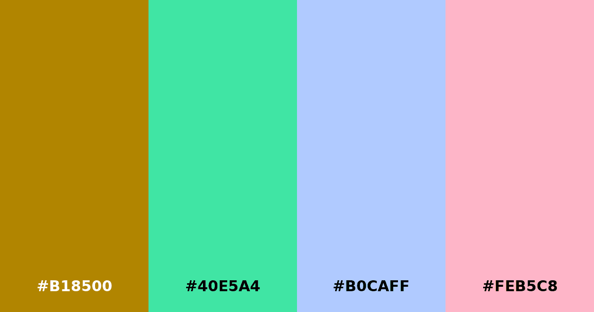 Color palette #B18500 #40E5A4 #B0CAFF #FEB5C8
