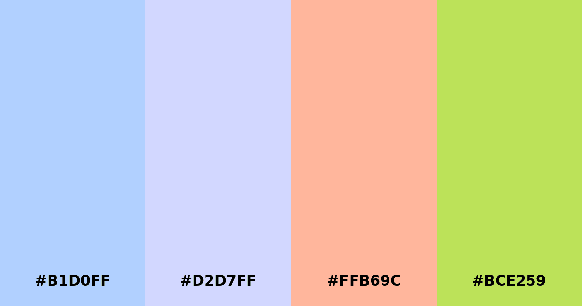 Color palette #B1D0FF #D2D7FF #FFB69C #BCE259