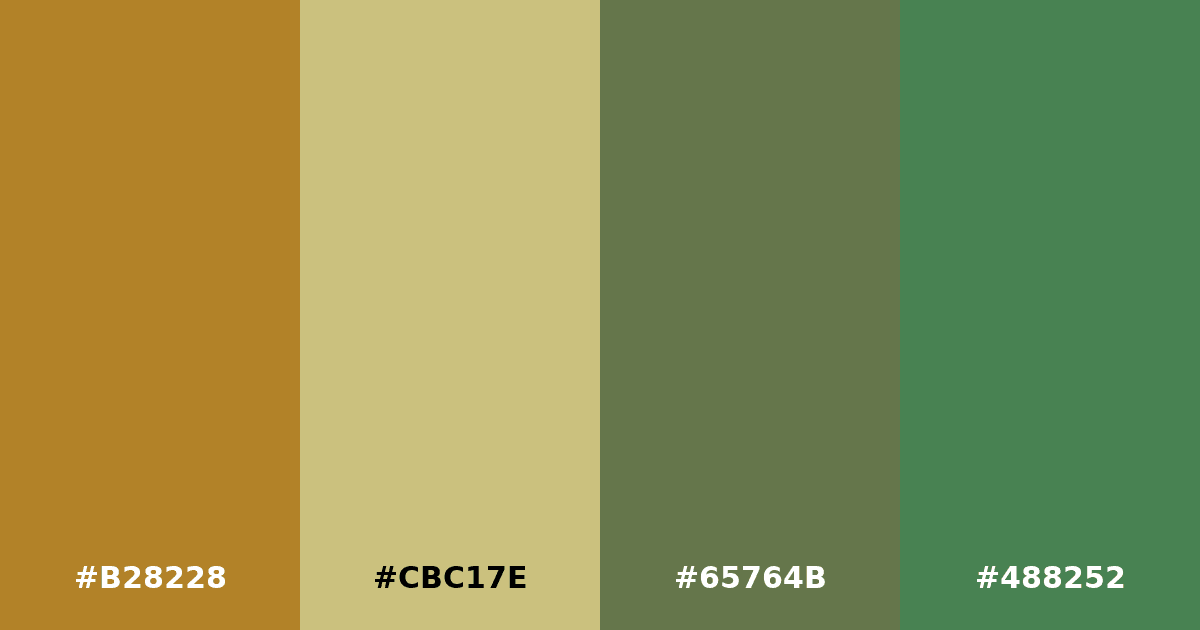 Color palette #B28228 #CBC17E #65764B #488252