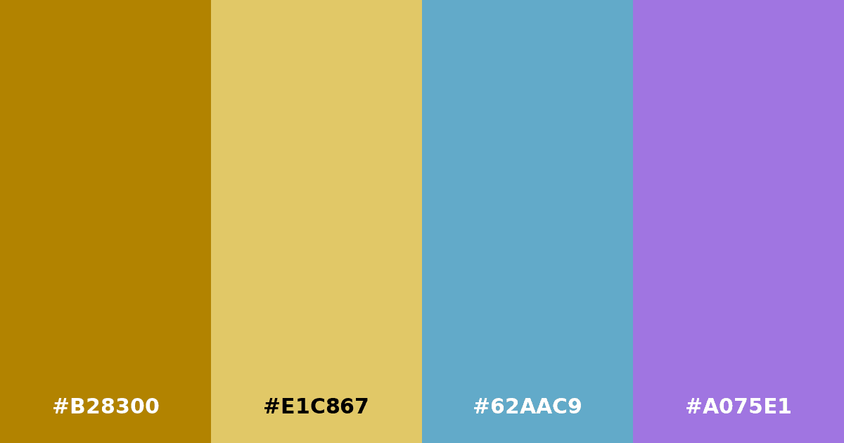 Color palette #B28300 #E1C867 #62AAC9 #A075E1