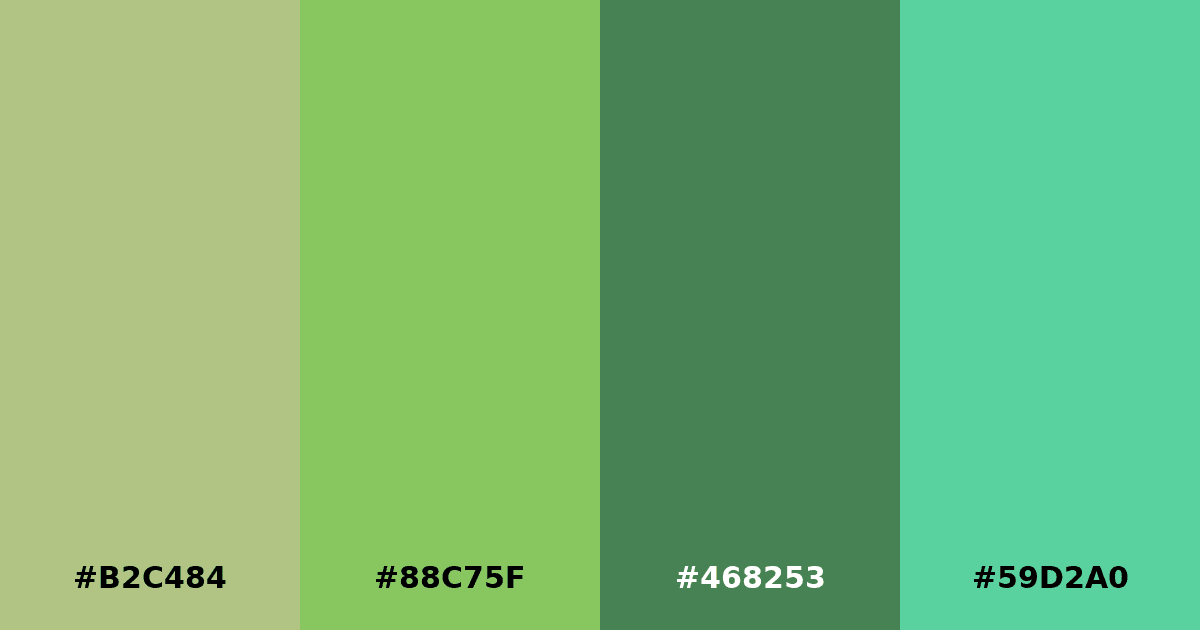 Color palette #B2C484 #88C75F #468253 #59D2A0