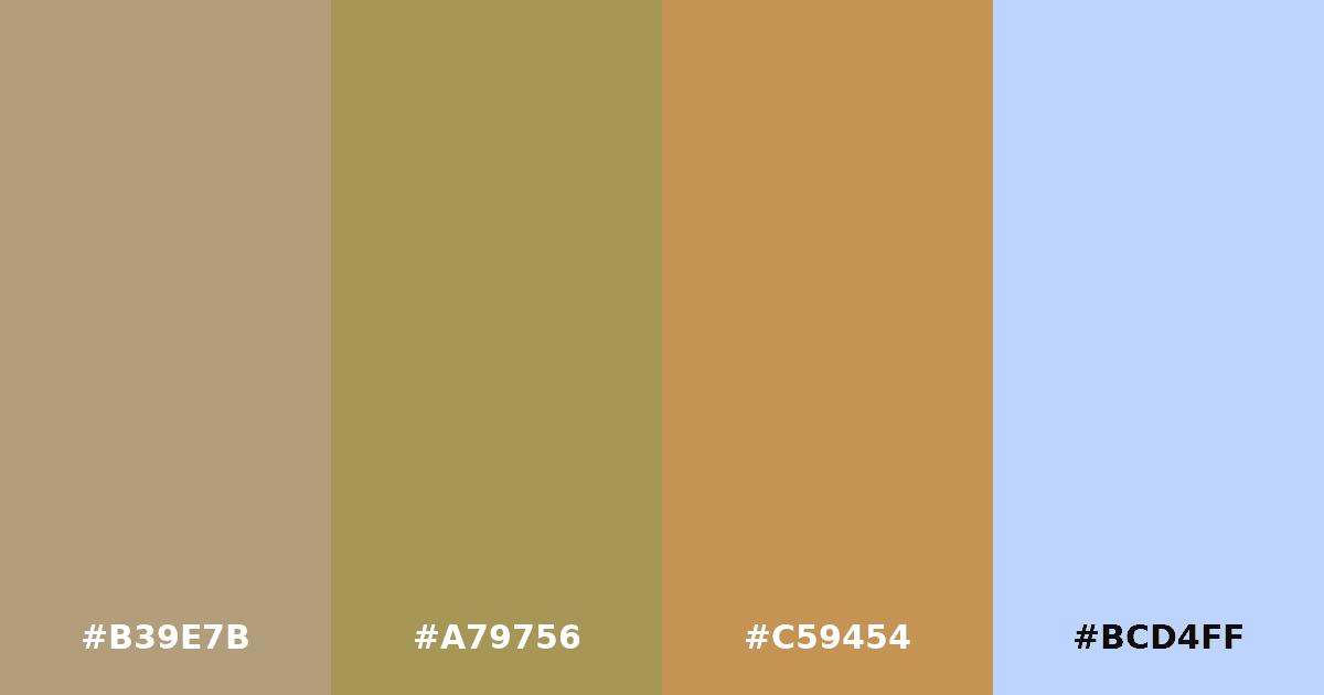 Color palette #B39E7B #A79756 #C59454 #BCD4FF