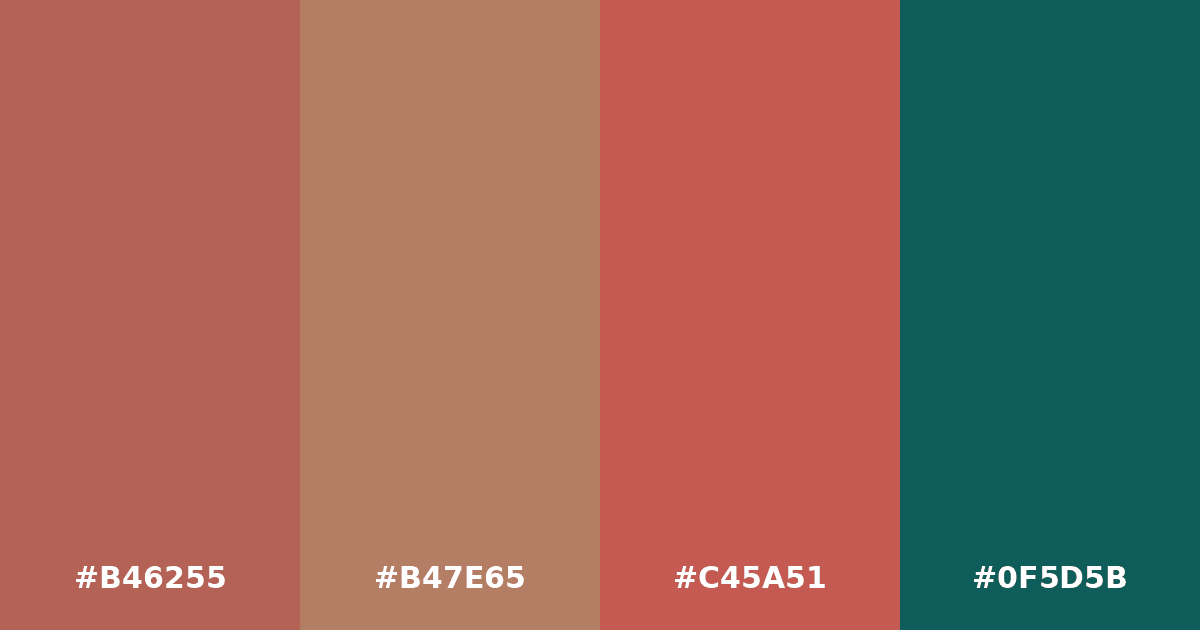Color palette #B46255 #B47E65 #C45A51 #0F5D5B