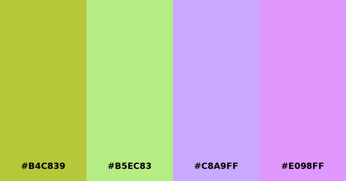 Color palette #B4C839 #B5EC83 #C8A9FF #E098FF