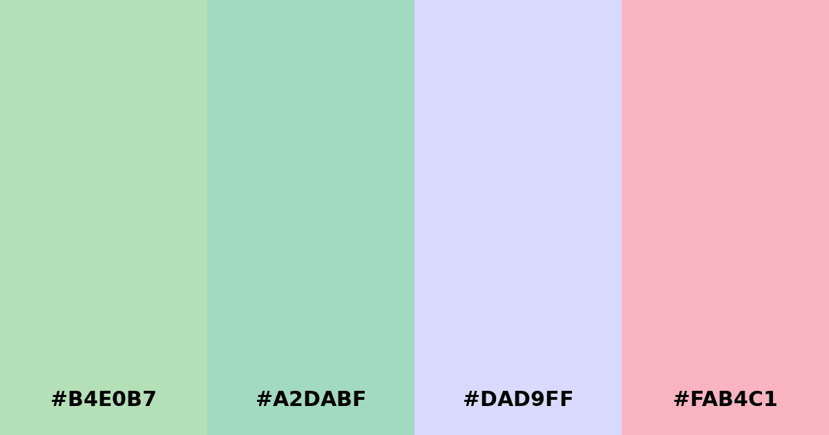 Color palette #B4E0B7 #A2DABF #DAD9FF #FAB4C1