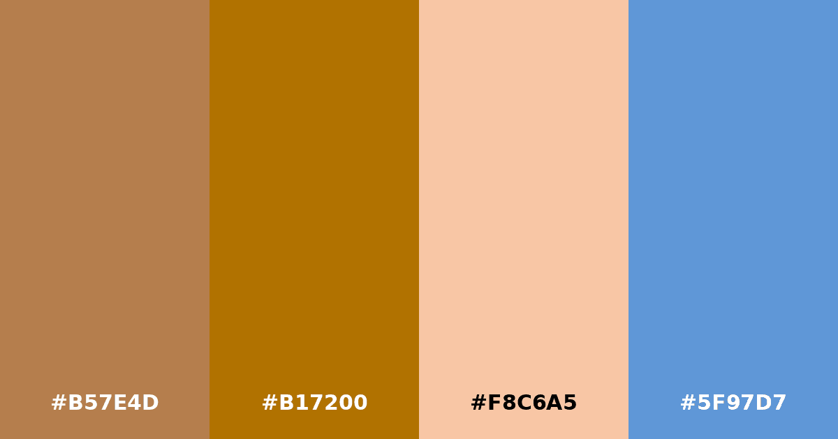 Color palette #B57E4D #B17200 #F8C6A5 #5F97D7