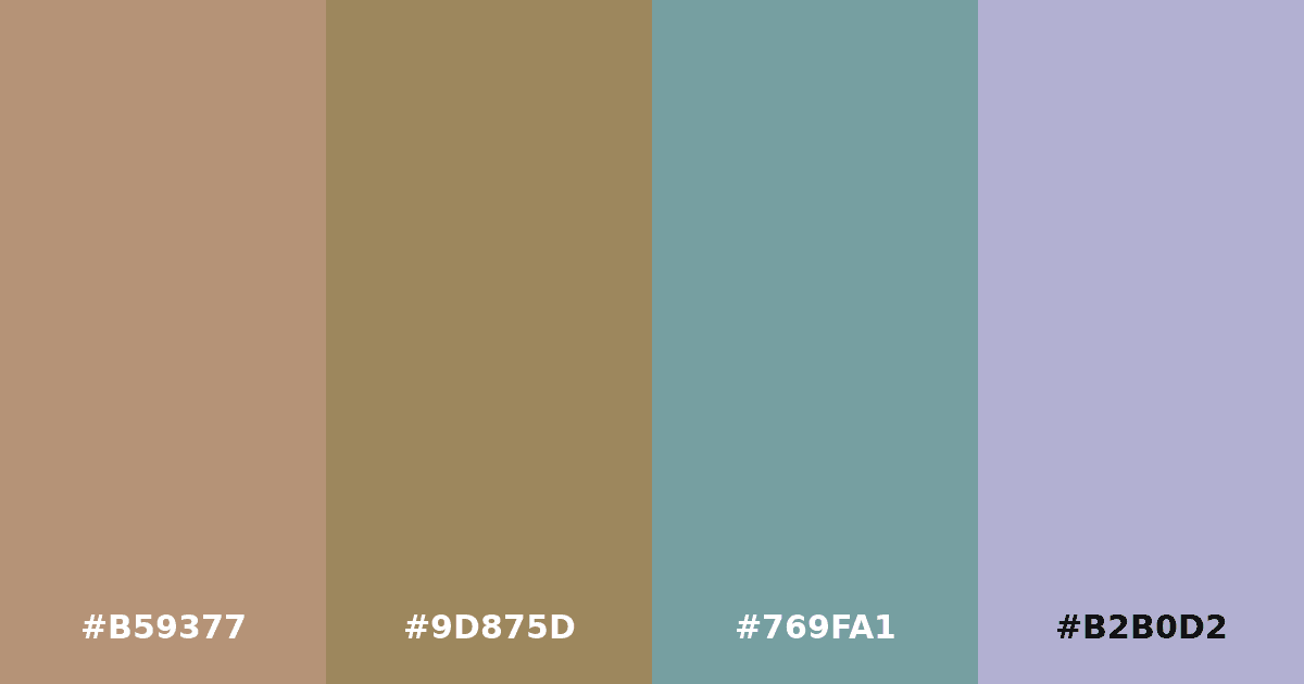 Color palette #B59377 #9D875D #769FA1 #B2B0D2