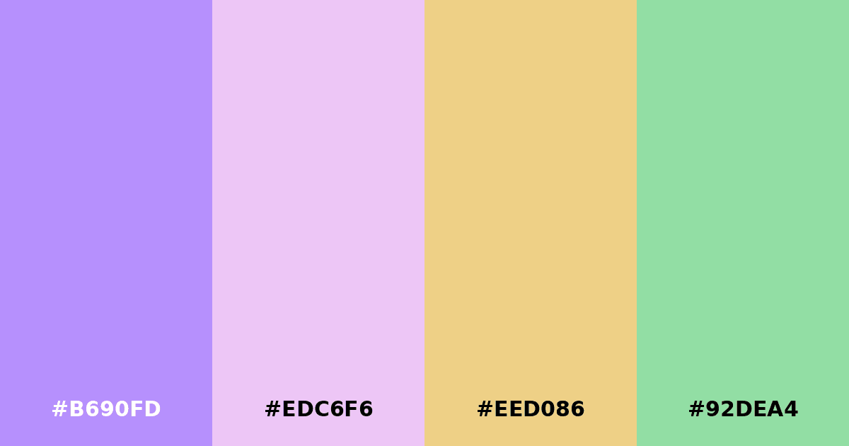 Color palette #B690FD #EDC6F6 #EED086 #92DEA4