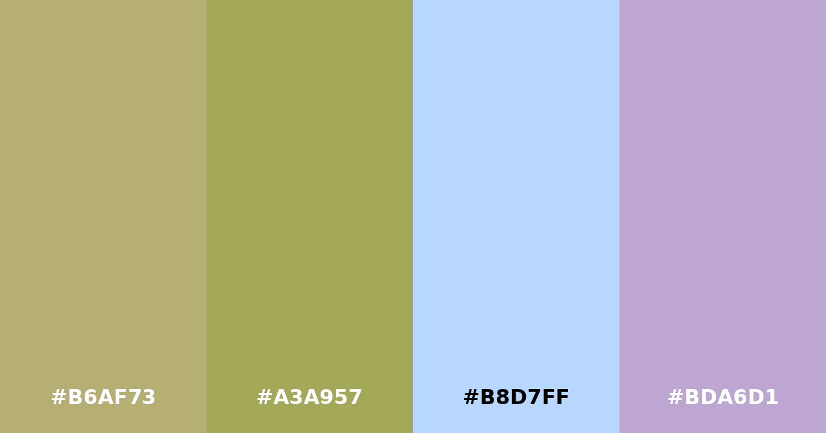 Color palette #B6AF73 #A3A957 #B8D7FF #BDA6D1