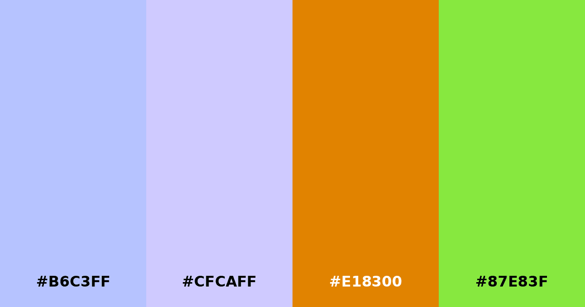 Color palette #B6C3FF #CFCAFF #E18300 #87E83F