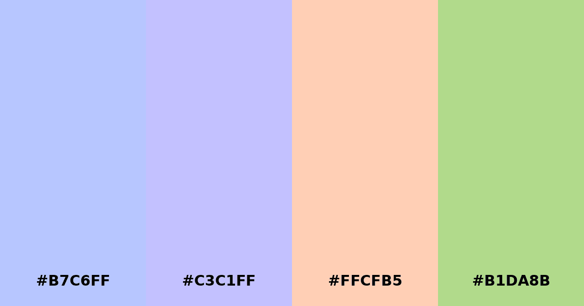 Color palette #B7C6FF #C3C1FF #FFCFB5 #B1DA8B