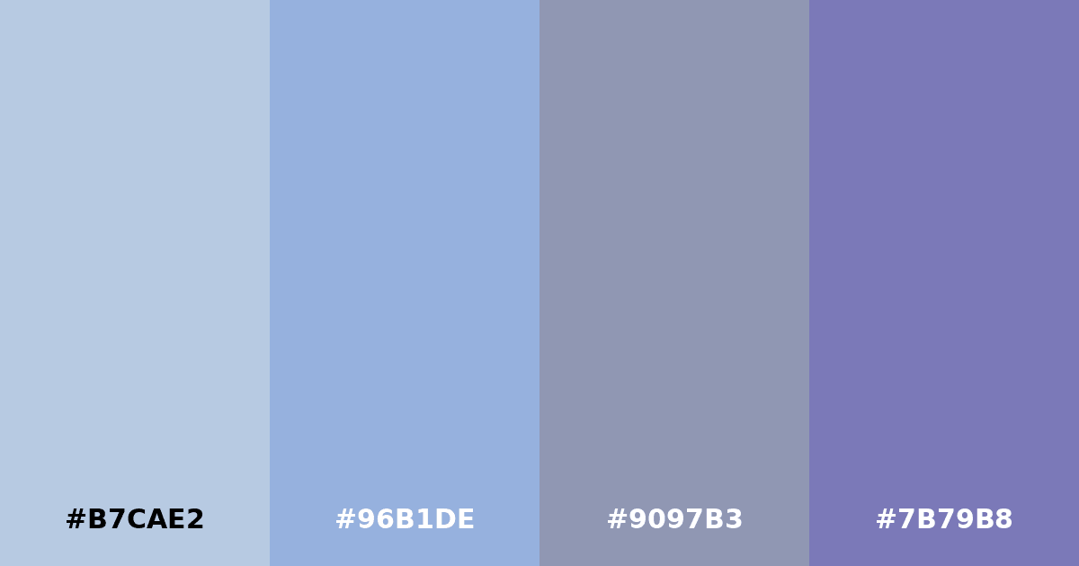 Color palette #B7CAE2 #96B1DE #9097B3 #7B79B8