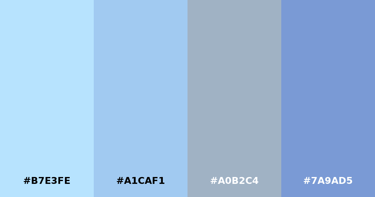 Color palette #B7E3FE #A1CAF1 #A0B2C4 #7A9AD5