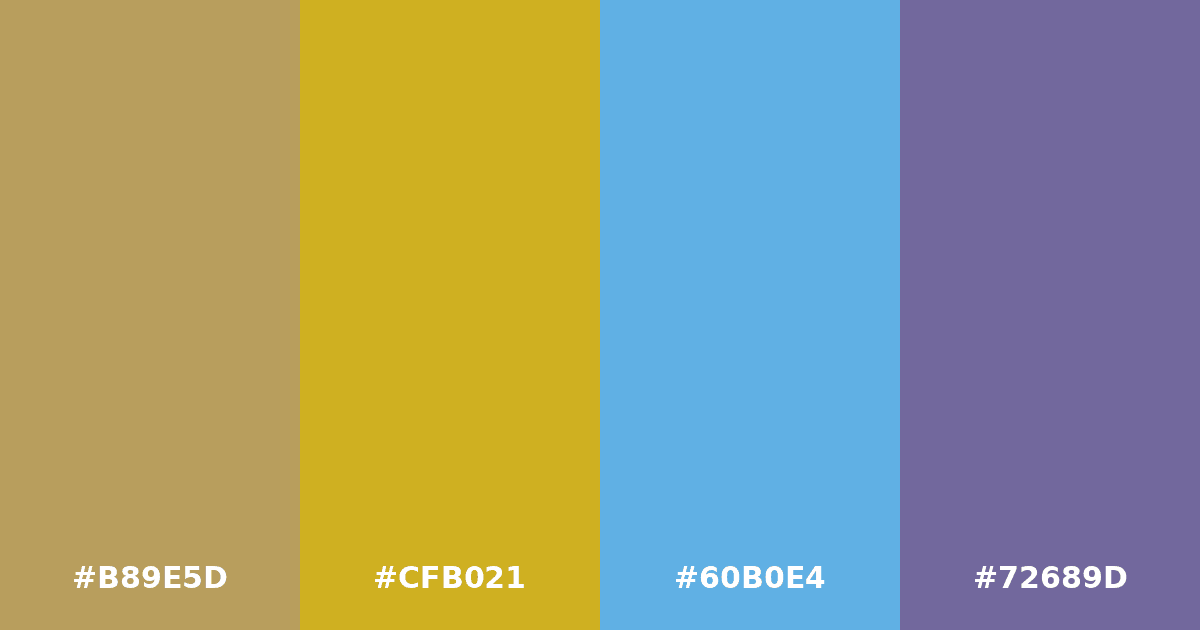 Color palette #B89E5D #CFB021 #60B0E4 #72689D