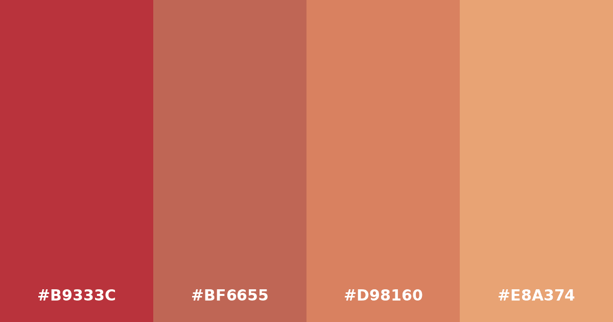 Color palette #B9333C #BF6655 #D98160 #E8A374