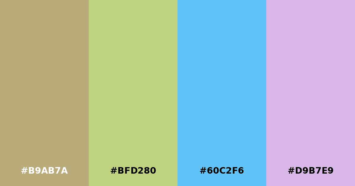 Color palette #B9AB7A #BFD280 #60C2F6 #D9B7E9