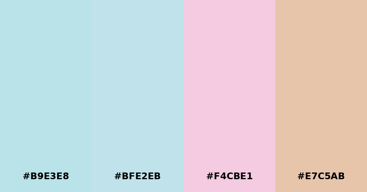 Color palette #B9E3E8 #BFE2EB #F4CBE1 #E7C5AB