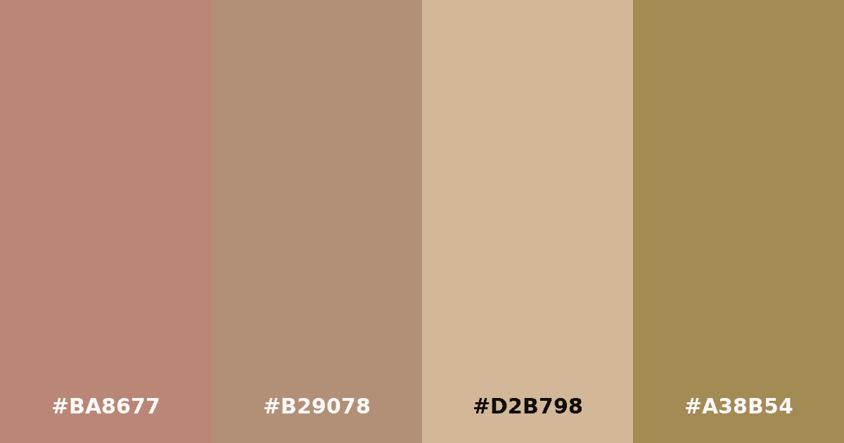 Color palette #BA8677 #B29078 #D2B798 #A38B54