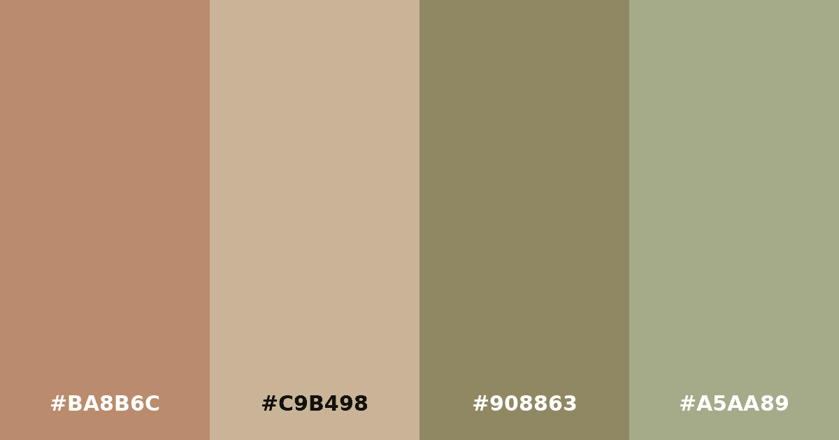 Color palette #BA8B6C #C9B498 #908863 #A5AA89