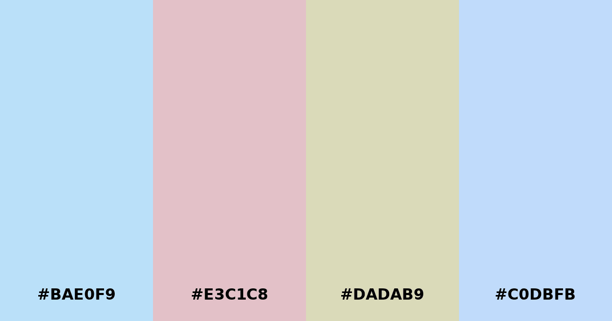 Color palette #BAE0F9 #E3C1C8 #DADAB9 #C0DBFB