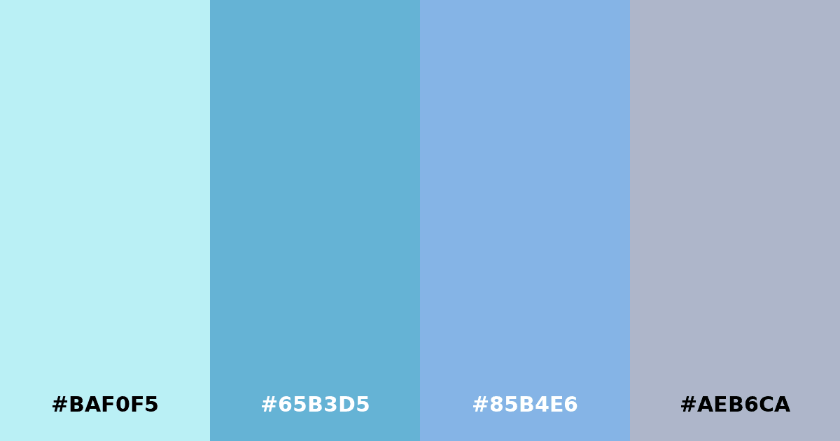 Color palette #BAF0F5 #65B3D5 #85B4E6 #AEB6CA