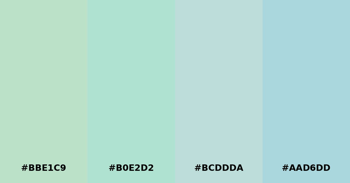 Color palette #BBE1C9 #B0E2D2 #BCDDDA #AAD6DD