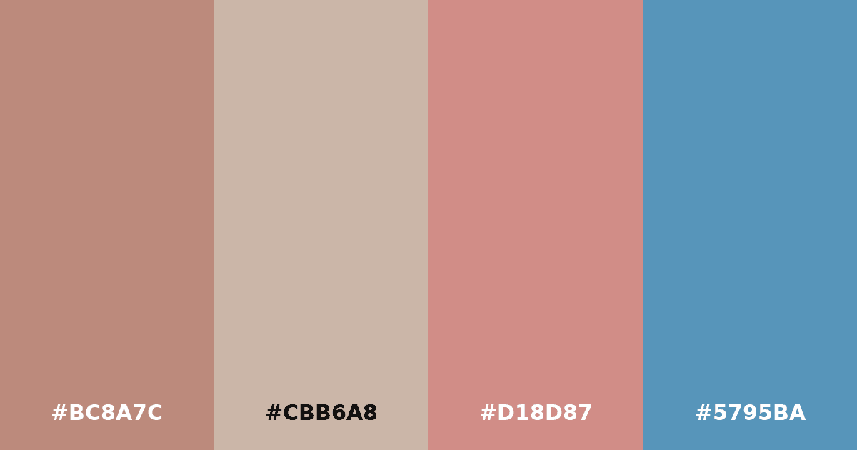 Color palette #BC8A7C #CBB6A8 #D18D87 #5795BA