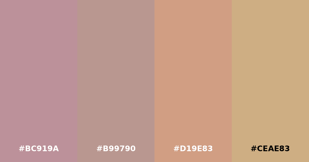 Color palette #BC919A #B99790 #D19E83 #CEAE83