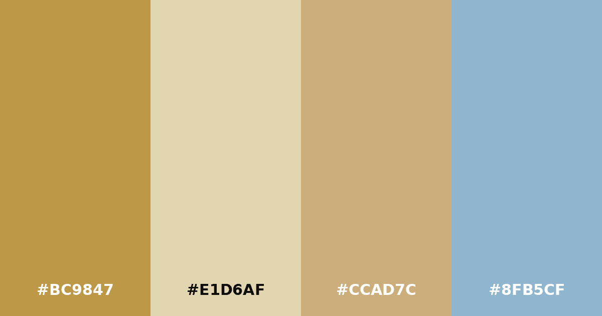 Color palette #BC9847 #E1D6AF #CCAD7C #8FB5CF