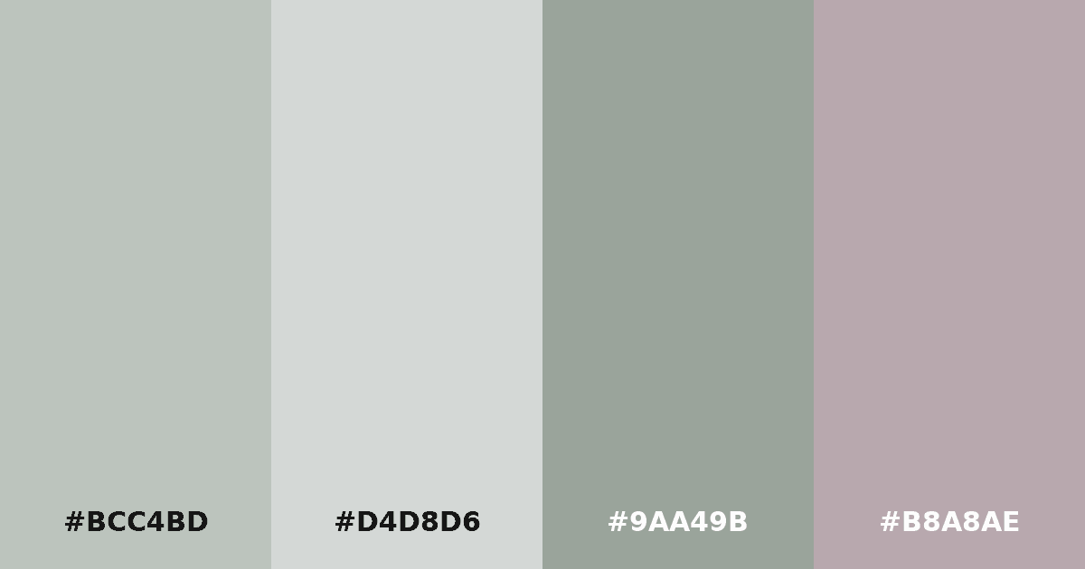Color palette #BCC4BD #D4D8D6 #9AA49B #B8A8AE