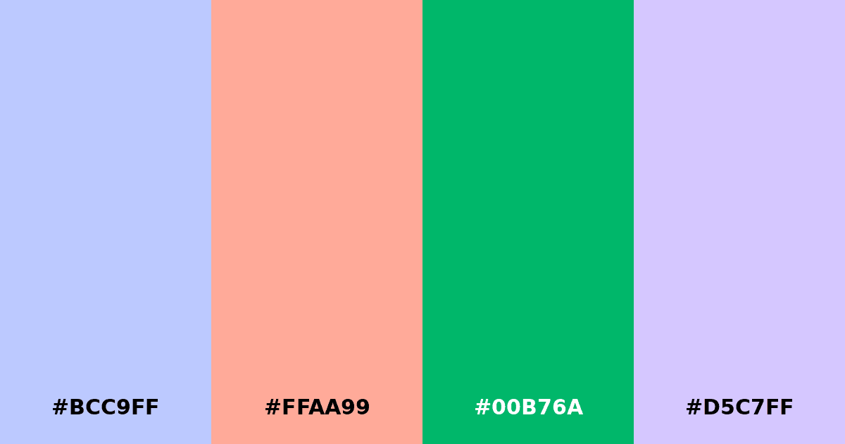 Color palette #BCC9FF #FFAA99 #00B76A #D5C7FF