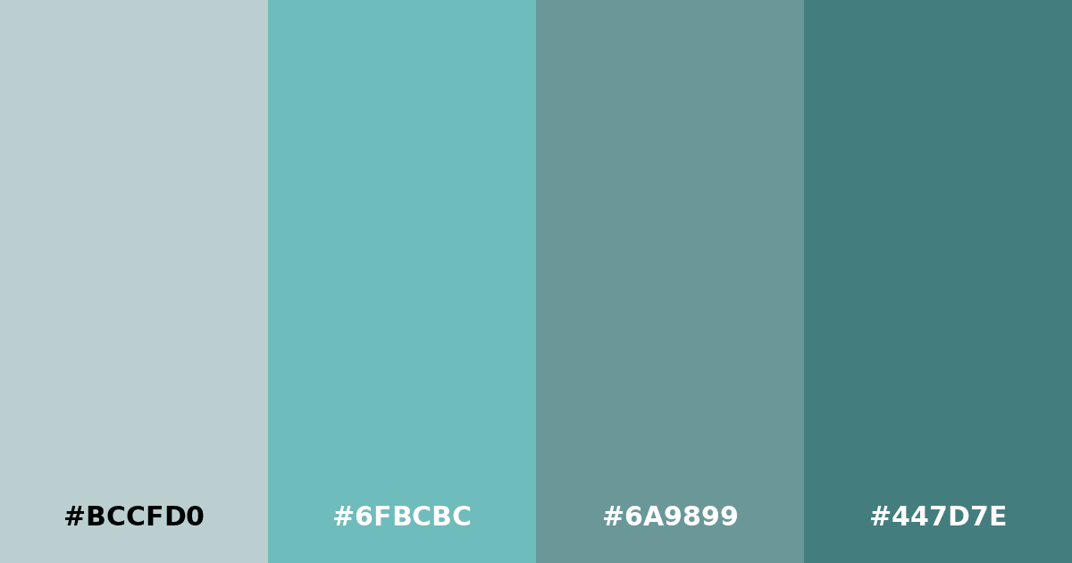 Color palette #BCCFD0 #6FBCBC #6A9899 #447D7E