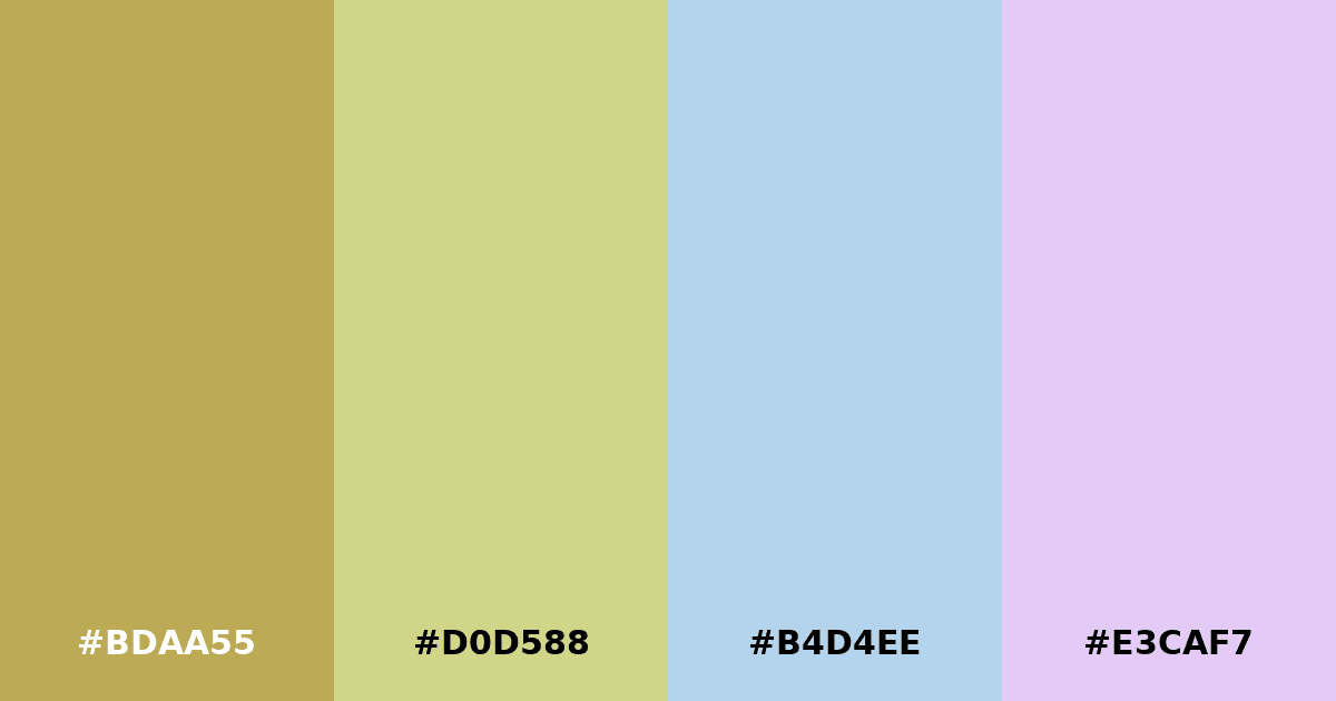 Color palette #BDAA55 #D0D588 #B4D4EE #E3CAF7
