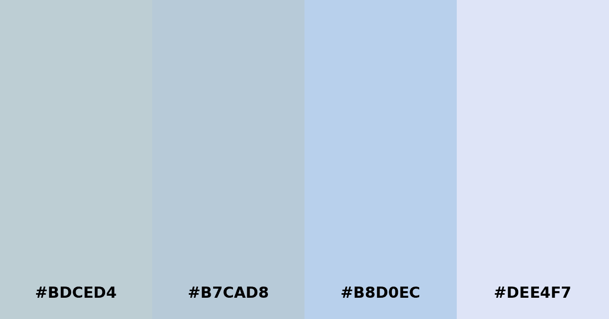 Color palette #BDCED4 #B7CAD8 #B8D0EC #DEE4F7