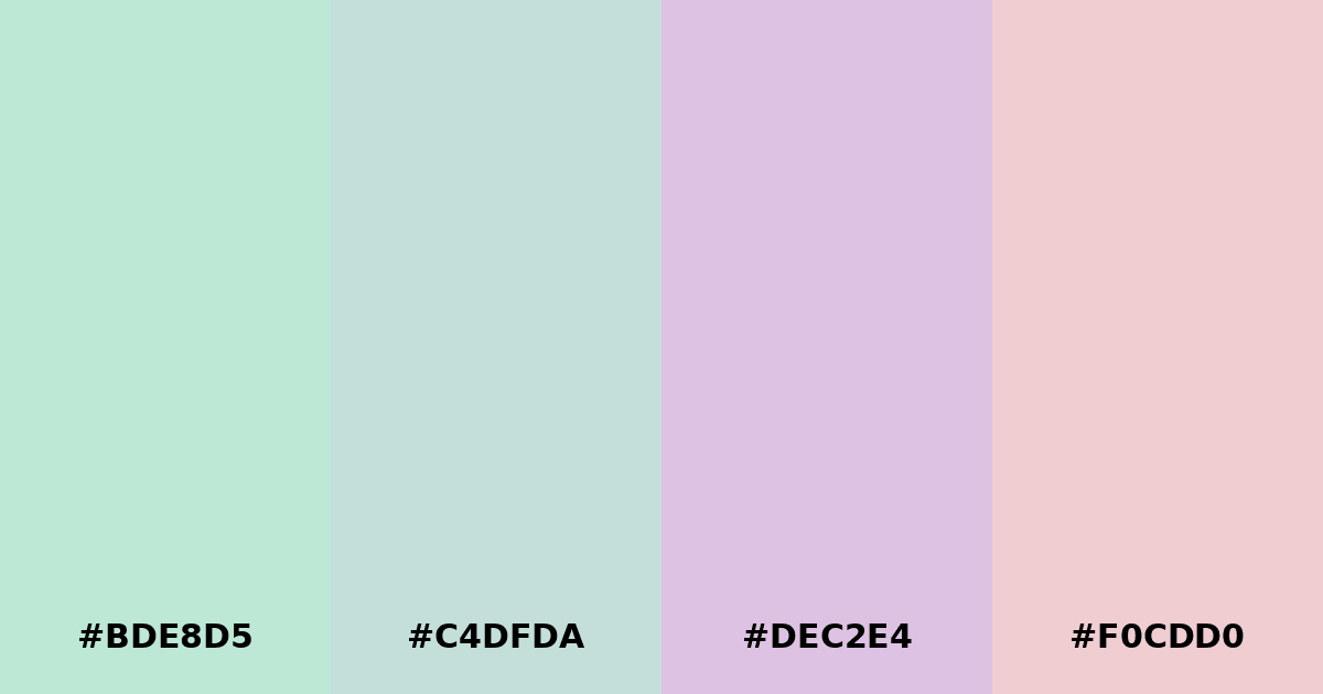 Color palette #BDE8D5 #C4DFDA #DEC2E4 #F0CDD0