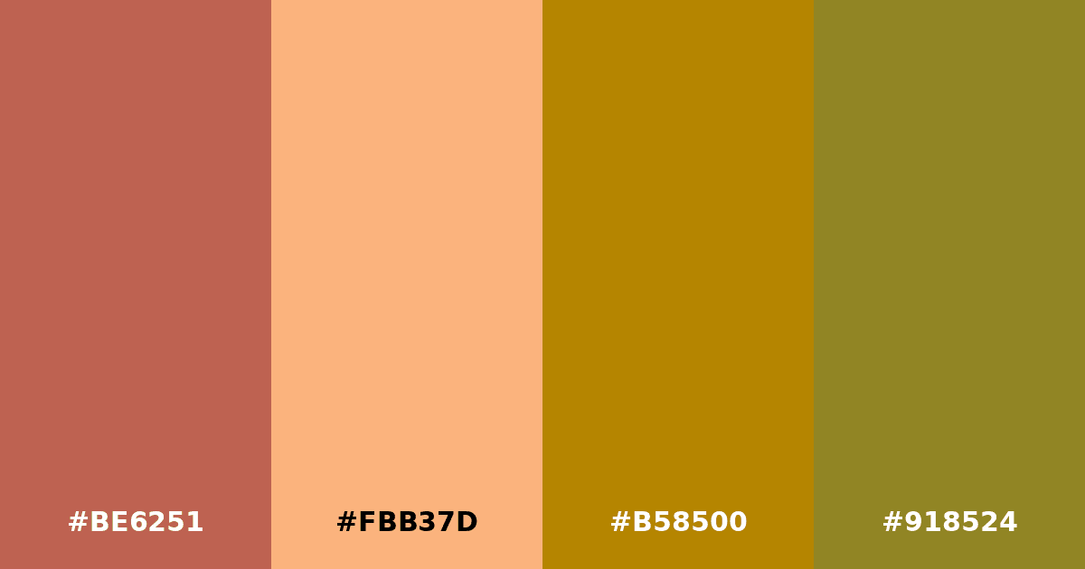 Color palette #BE6251 #FBB37D #B58500 #918524